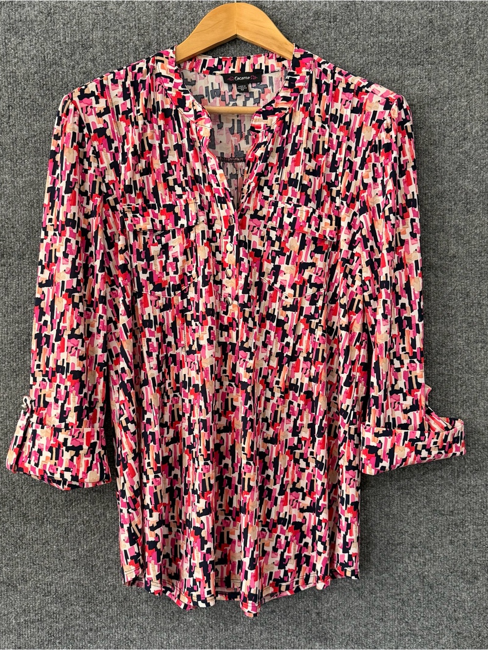 Cocomo Womens 3/4 Sleeve Multicolor Print Top Size Medium Office Career Stretch